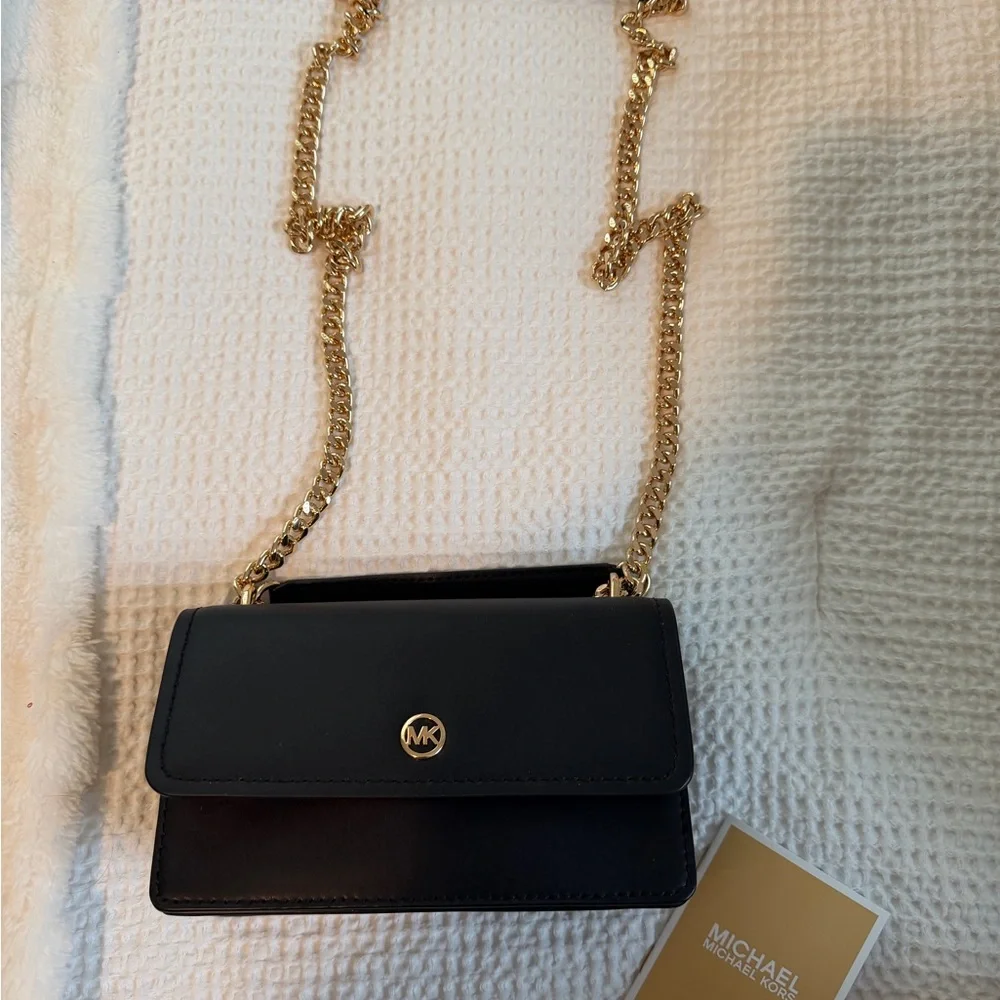 Michael Kors Black Leather Crossbody with Gold Chain Strap
